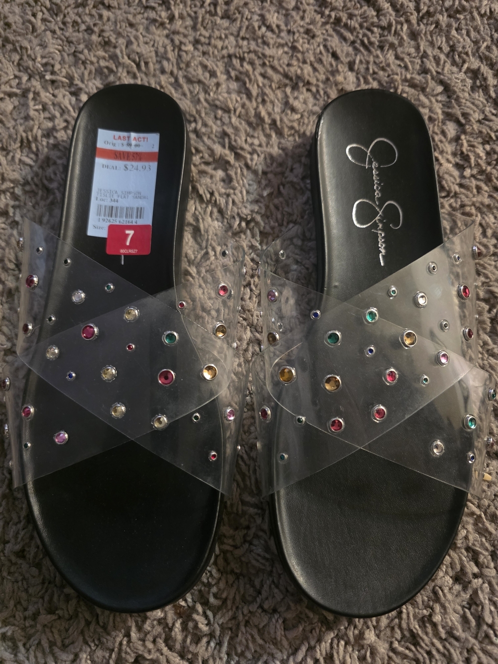 Jessica Simpson Clear Slide Sandals with Multicolor Gem Accents - Black Footbed